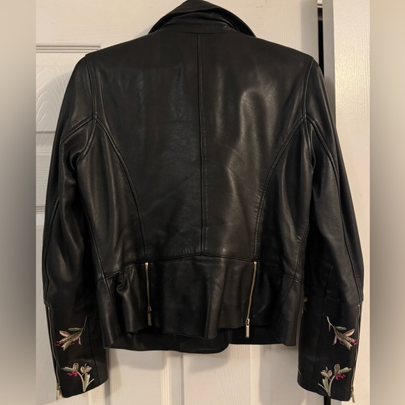 Ted Baker Black Leather Jacket with Floral Embroidery Size 3 equals US Size 8 - Picture 2 of 10